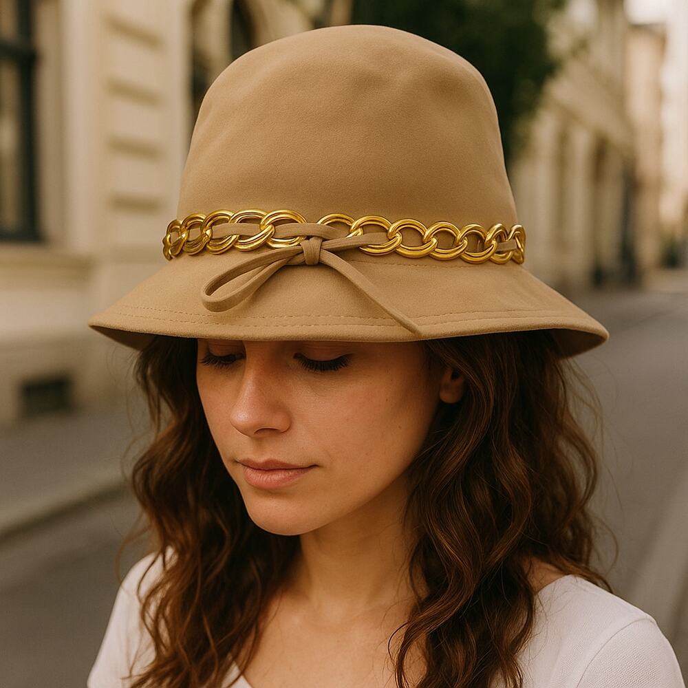 Vintage 1960s Miss Eileen Tan Wool Cloche Bucket Hat Gold Chain Trim